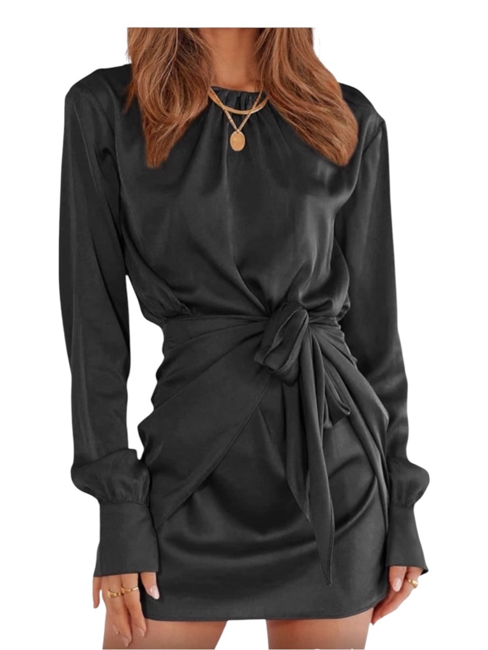 NWT! Grace Karin Black Satin Tie-Waist Long Sleeve Dress. Size Large.